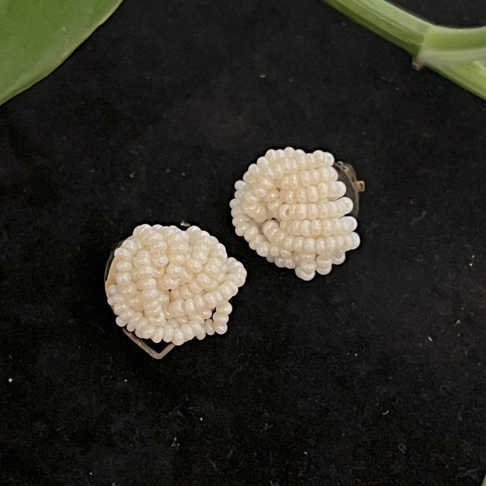 Vintage Beaded Seed Pearl Cluster Clip-On Earrings